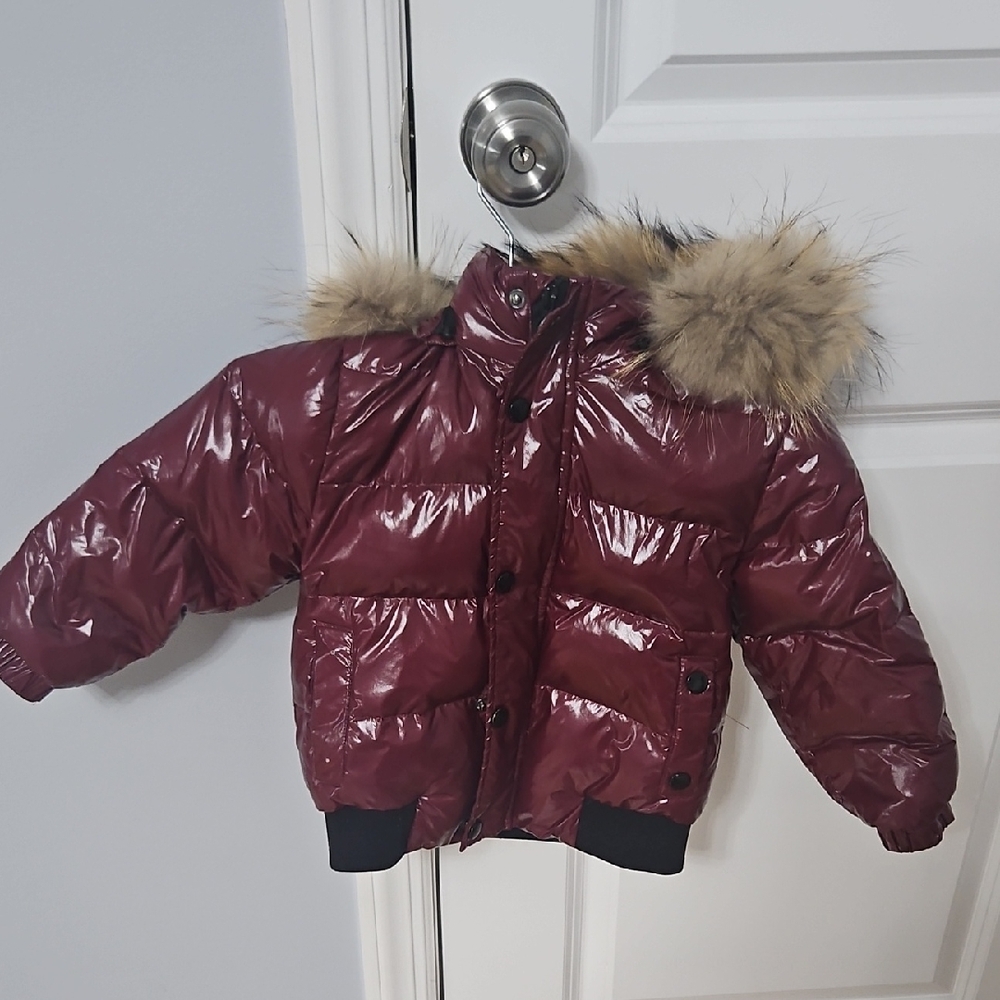 Kids Burgundy Puffer Jacket with Faux Fur Hood